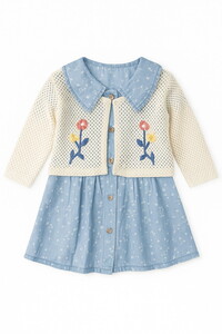 9240 Kız Bebek Önü Düğmeli Elbise Bolera 2'li Takım