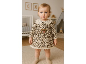5010 Kız Bebek Leoparlı Dantel Detaylı Elbise