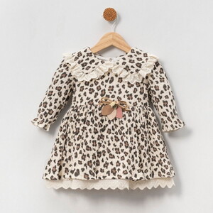  5010 Kız Bebek Leoparlı Dantel Detaylı Elbise
