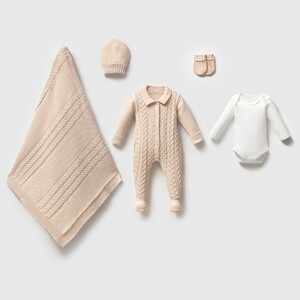 8326N Unisex Bebek Triko Ayaklı Saçlı 5'li Kutulu Naturel Hastane Çıkış Seti