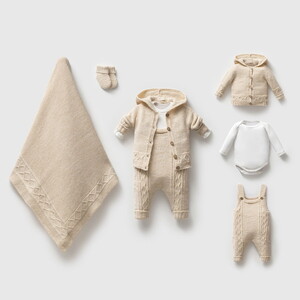 8351N Bebek Triko Baklava Desen Salopetli 5'li Kutulu Naturel Hastane Çıkış Seti