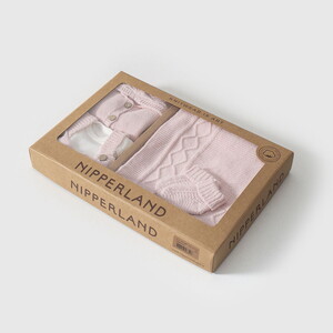  8351N Bebek Triko Baklava Desen Salopetli 5'li Kutulu Naturel Hastane Çıkış Seti