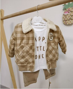 3643 Erkek Bebek Ekoseli Kadife Mont 3'lü Takım