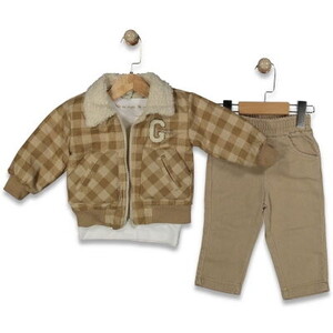  3643 Erkek Bebek Ekoseli Kadife Mont 3'lü Takım