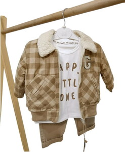  3643 Erkek Bebek Ekoseli Kadife Mont 3'lü Takım