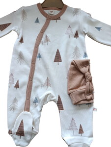  4904MS Bebek Çam Baskılı Şapkalı 2'li Tulum