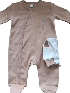  4904MS Bebek Çam Baskılı Şapkalı 2'li Tulum