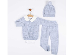 4079 Erkek Bebek Yakalı Örgü Desen Triko 4'lü Takım