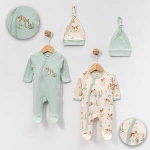 4803MS Bebek Geyik Baskılı Şapkalı 2'li Tulum