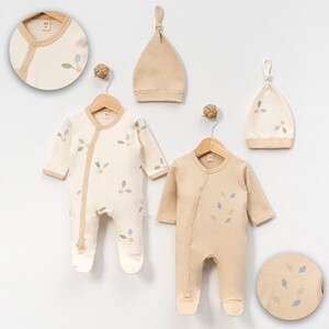 4945MS Bebek Yaprak Baskılı Şapkalı 2'li Tulum