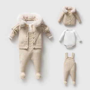 8332N Unisex Bebek Triko Düğmeli Hırkalı 3'lü Naturel Yün Salopet Takım