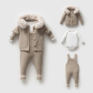  8332N Unisex Bebek Triko Düğmeli Hırkalı 3'lü Naturel Yün Salopet Takım