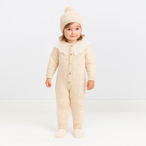 4135 Kız Bebek Triko Şapka Dantel Yakalı Düğmeli Tulum