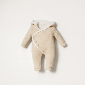  8372N Bebek Triko Linksli Düğmeli Kapüşonlu Naturel Yün Tulum