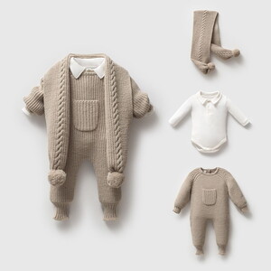 8276N Bebek Atkılı Selanik Düğmeli Kapüşonlu Triko Naturel Yün Tulum