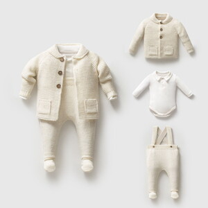 8363N Bebek Triko Örgülü Hırkalı 3'lü Naturel Yün Salopet Takım