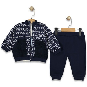 254027 Erkek Bebek Karma Desenli Fermuarlı Şardonlu 3'lü Takım