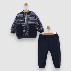  254027 Erkek Bebek Karma Desenli Fermuarlı Şardonlu 3'lü Takım