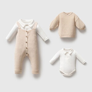 8277N Erkek  Bebek Triko Düğmeli Kazaklı 3'lü Naturel Yün Salopet Takım