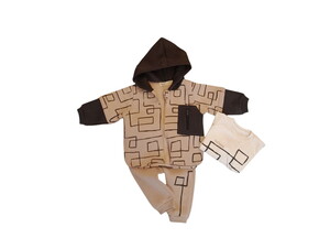 254045 Erkek Bebek Karma Desenli Kapüşonlu Şardonlu 3'lü Takım