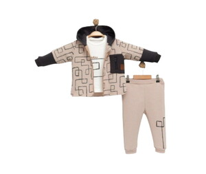  254045 Erkek Bebek Karma Desenli Kapüşonlu Şardonlu 3'lü Takım