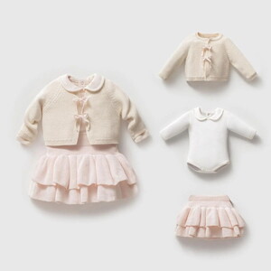 8344N Kız Bebek Triko Etekli Takım Hırkalı 3'lü Naturel Yün Takım