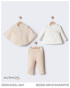 4447MN Kız Bebek Dantelli Pelerinli 3'lü Takım