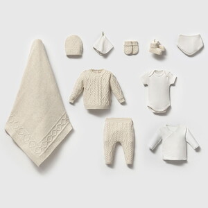  8369N Unisex Bebek Baklava Desenli Triko10'lu Kutulu Naturel Hastane Çıkış Seti