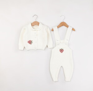 3036 Kız Bebek Natural Yün Çiçekli 2'li  Triko Salopet Takım
