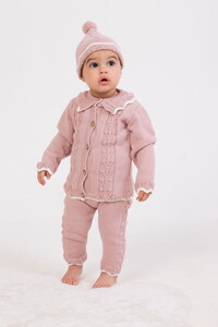 3024 Kız Bebek Natural Düğme Taş Detaylı 3'lü Triko Düğmeli Hırkalı Takım