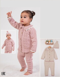  3024 Kız Bebek Natural Düğme Taş Detaylı 3'lü Triko Düğmeli Hırkalı Takım