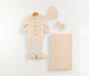 3043 Erkek Bebek Natural Örgü Detaylı 5'li Triko Erkek Takım