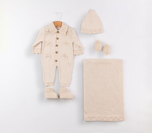 3044 Kız Bebek Natural Taş Detaylı 5'li Triko Kız Takım