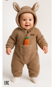 3026 Unisex Bebek Natural Welsoft Şapkalı Cep Havuç Detaylı Tulum