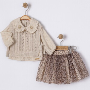 2608 Miss Olix Kız Bebe Fırfır Yakalı Tunik Bağlama Triko 3'lü Takım