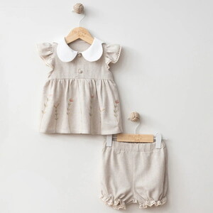 4236MY Kız Bebek Nakışlı Keten İkili Şortlu Takım
