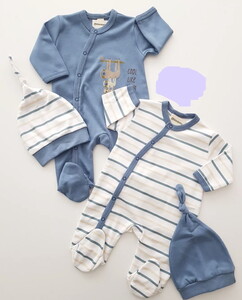 4919MS Bebek Kalın Çizgili Şapkalı 2'li Tulum