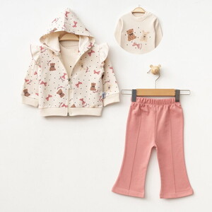 641P Kız Bebek Puanlı Ayıcık Hırkalı 3'lü Takım