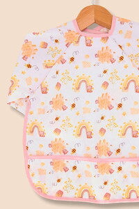  2024103 Bebek Karışık Desen Arılı Cepli Uzun Kollu Giydirmeli Mama Önlüğü