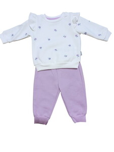 18802 Kız Bebek Serpme Çiçek Nakışlı Şardonlu Üç İplik 2'li Takım