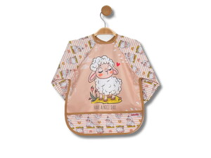 202506 Bebek Kuzu Desenli Cepli Uzun Kollu Giydirmeli Mama Önlüğü